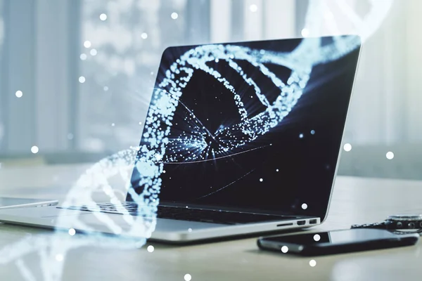 Conceito criativo com ilustração de símbolo de DNA no fundo do laptop moderno. Conceito de pesquisa de genoma. Multiexposição — Fotografia de Stock