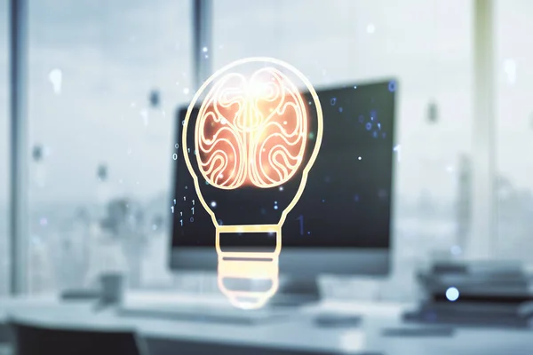 Creative light bulb illustration with human brain on modern computer background, future technology concept. Multiexposure