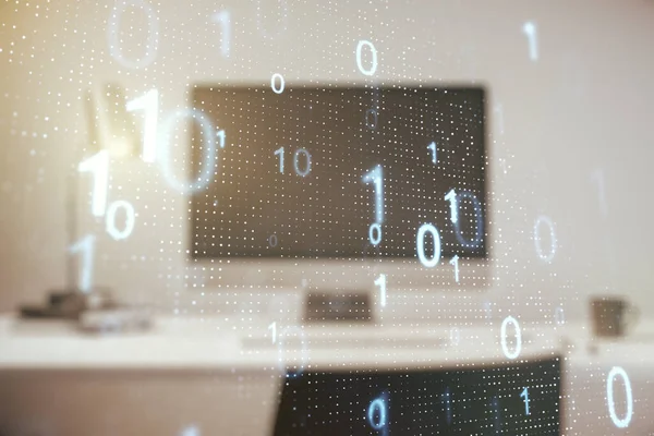 Double exposure of creative abstract binary code hologram on laptop background. Database and programming concept — Stock Photo, Image