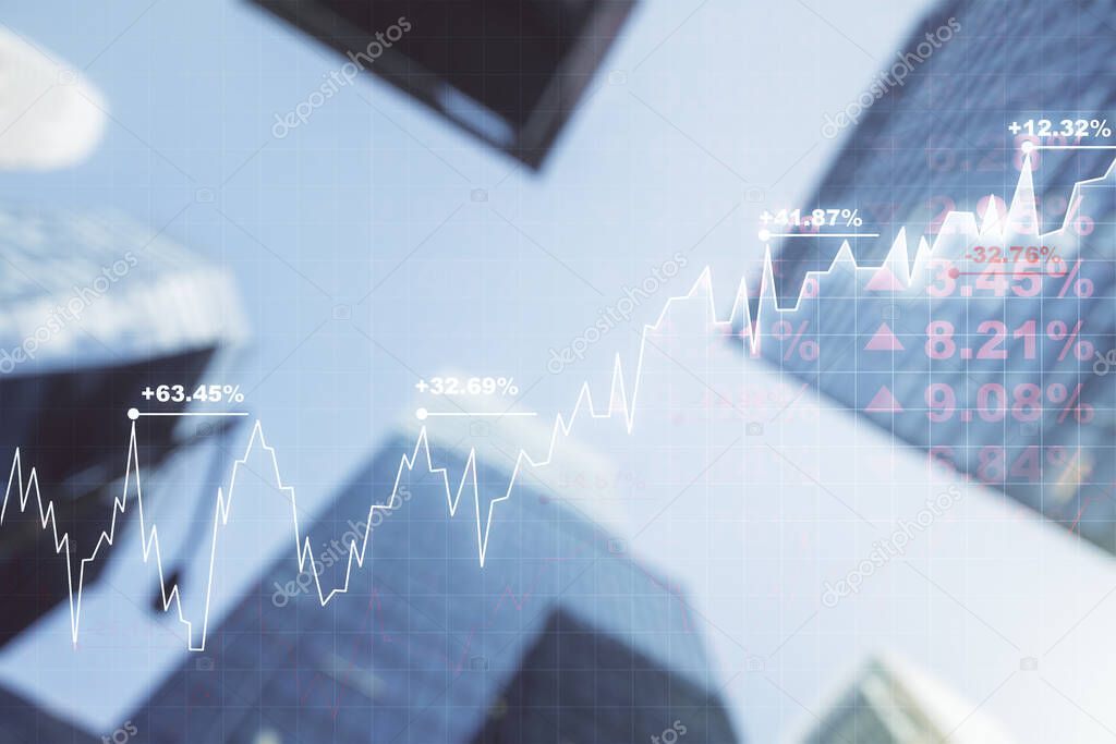 Multi exposure of abstract financial graph on office buildings background, financial and trading concept