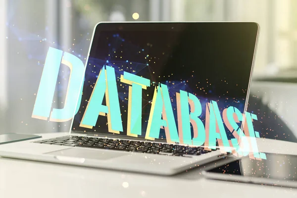 Double exposure of Database word sign on laptop background, global research and analytics concept — Stock fotografie