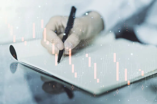 Creative concept of crisis chart illustration with hand writing in notebook on background. Global crisis and bankruptcy concept. Multiexposure — Stock Photo, Image