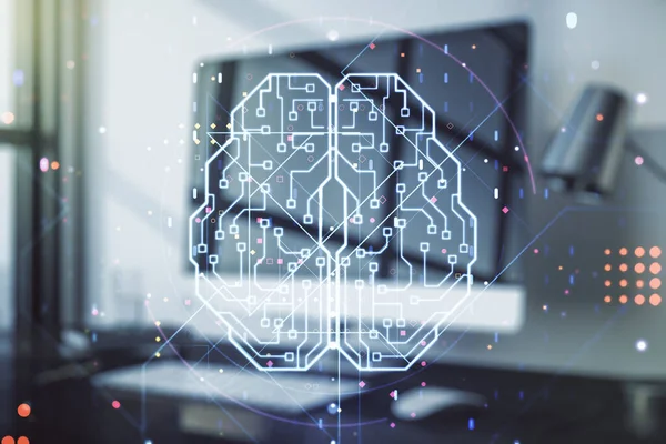Двойная экспозиция креативного символа искусственного интеллекта на фоне современного ноутбука. Нейронные сети и концепция машинного обучения — стоковое фото