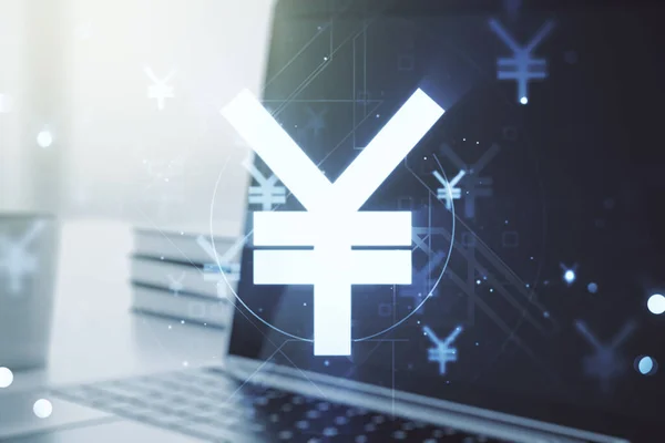 Creative Japanese Yen symbol illustration on modern computer background, forex and currency concept. Multiexposure