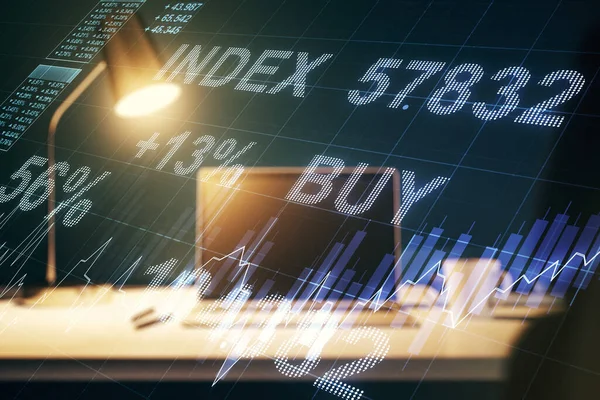 Multiexponering av abstrakt kreativ finansiell graf på modern datorbakgrund, forex och investeringskoncept — Stockfoto