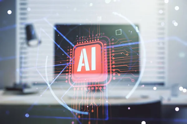 Double exposure of creative artificial Intelligence abbreviation with computer on background. Future technology and AI concept — Stock Photo, Image