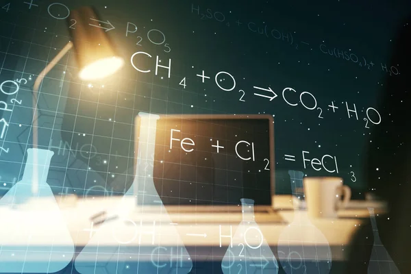 Ilustração química criativa sobre o conhecimento moderno de informática, ciência e conceito de pesquisa. Multiexposição — Fotografia de Stock