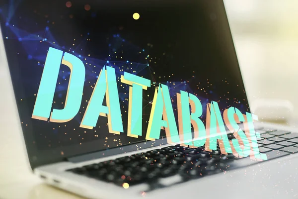 Double exposure of Database word sign on laptop background, global research and analytics concept — Stock fotografie