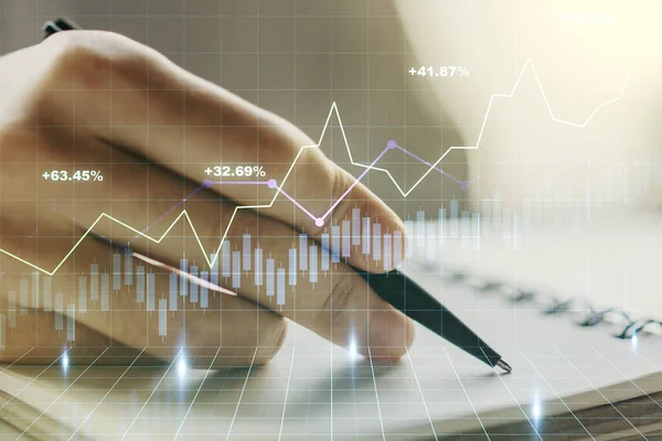 Grafico finanziario creativo astratto con scrittura a mano in diario su sfondo, concetto finanziario e di trading. Multiesposizione — Foto Stock