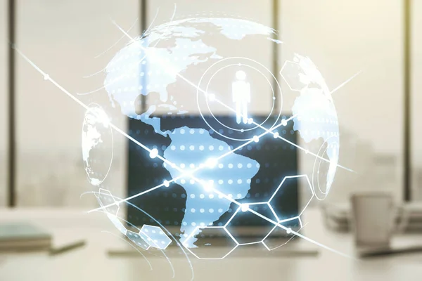 Social Network Media Konzept mit Weltkarte und modernem Computer im Hintergrund. Doppelbelastung — Stockfoto