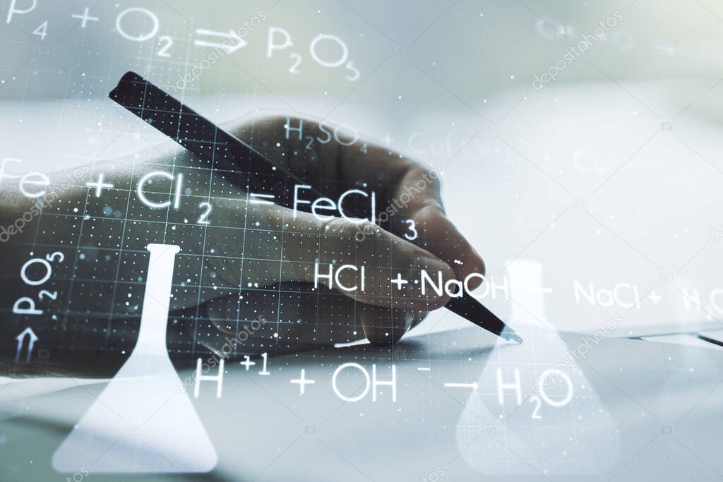 Double exposure of creative chemistry concept with man hand writing in notebook on background, research and development concept