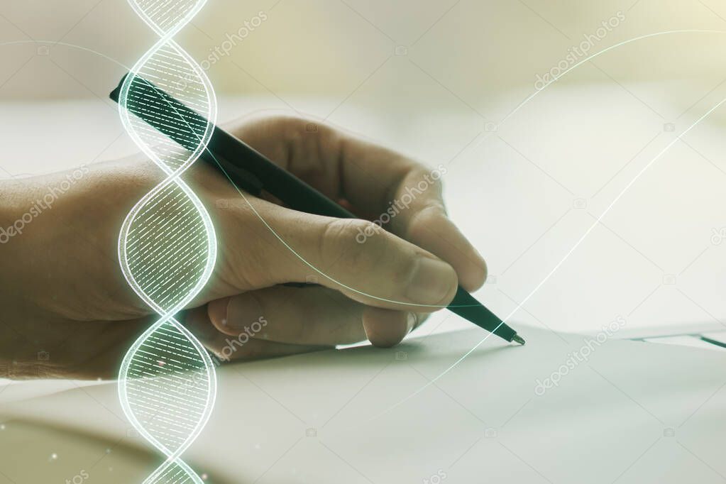 Creative light DNA illustration and man hand writing in diary on background, science and biology concept. Multiexposure