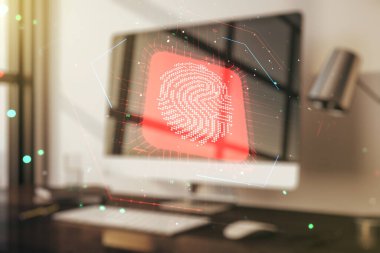 Dizüstü bilgisayarın arka planında, araştırma ve geliştirme konseptinde soyut yaratıcı parmak izi hologramına çifte maruz kalma