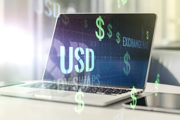 Creative concept of EURO USD symbols illustration on modern laptop background. Trading and currency concept. Multiexposure