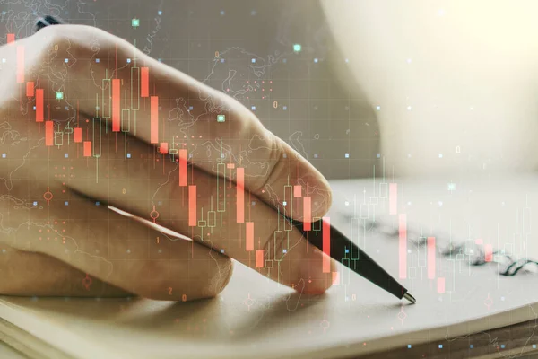 Creative abstract global crisis chart with world map sketch and with hand writing in notepad on background, falling markets and collapse of global economy concept. Double exposure — Stock Photo, Image