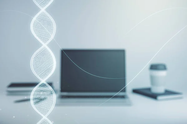 Esboço de DNA criativo em background laptop moderno, biotecnologia e conceito genético. Multiexposição — Fotografia de Stock