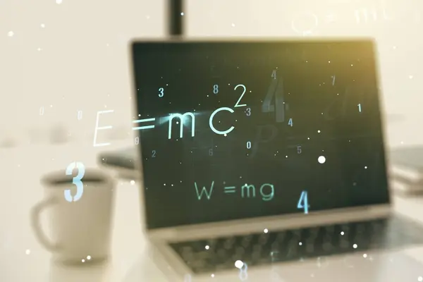 Творческая научная формула на фоне современного ноутбука, концепция исследования. Мультиэкспозиция — стоковое фото