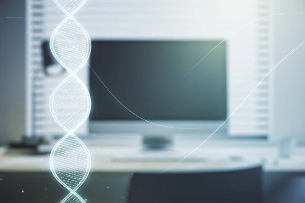 Esboço de DNA criativo em background laptop moderno, biotecnologia e conceito genético. Multiexposição — Fotografia de Stock