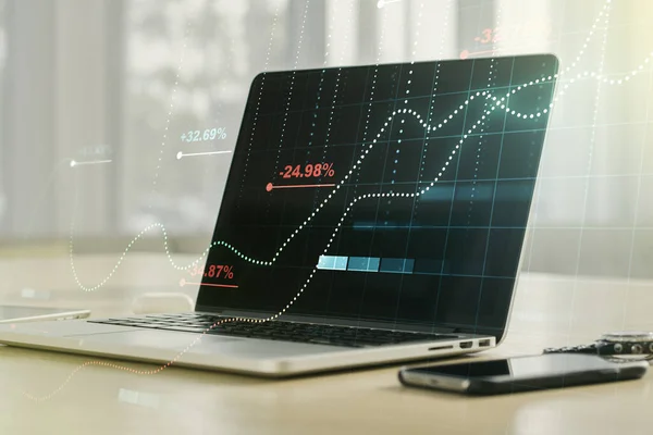Multi exposure of stats data illustration on modern laptop background, computing and analytics concept