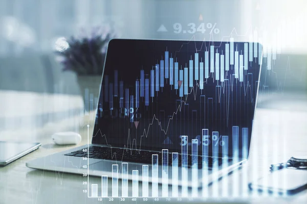 現代のコンピュータの背景、外国為替および投資の概念に抽象的な創造的な財務グラフのマルチ露出 — ストック写真