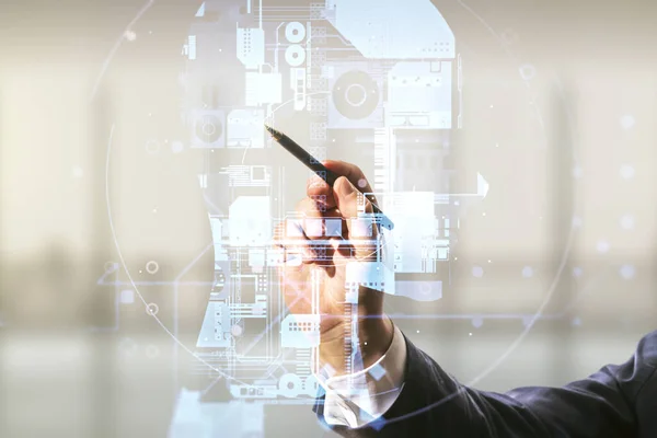 Double exposure of man hand with pen working with creative artificial Intelligence hologram on blurred office background. Neural networks and machine learning concept — Stock Photo, Image