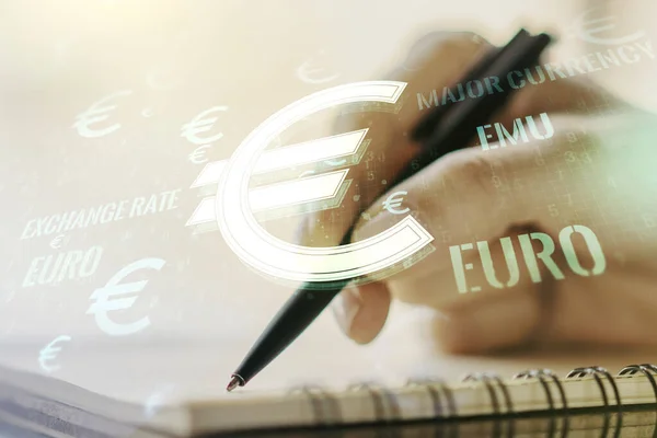 Kreative EURO-Symbole Illustration und Frau Handschrift in Notizbuch auf Hintergrund, Devisen- und Währungskonzept. Mehrfachexposition — Stockfoto