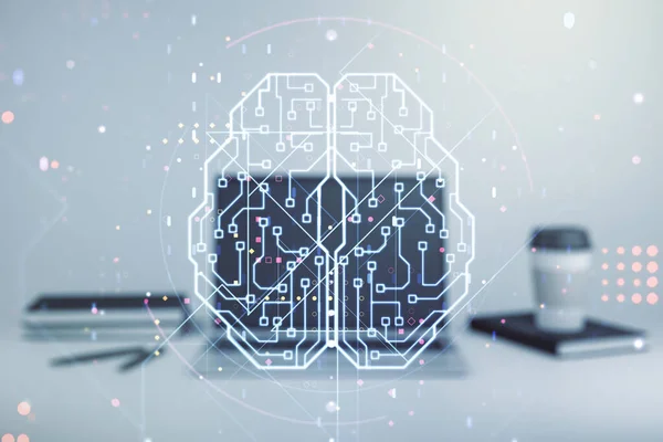 Double exposure of creative human brain microcircuit with computer on background. Future technology and AI concept — Stock Photo, Image