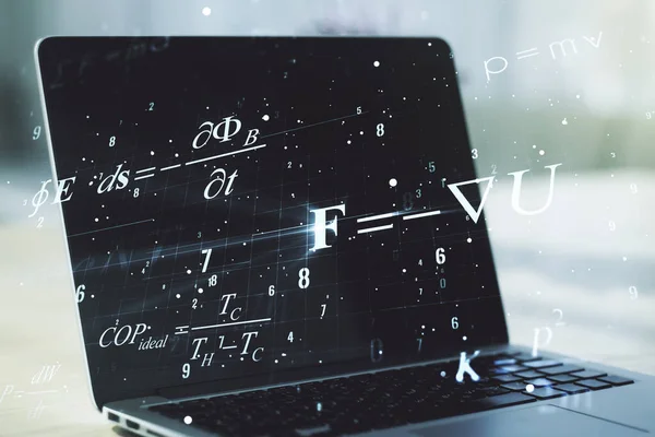 Doble exposición del concepto de fórmula científica creativa en el fondo del ordenador portátil, la investigación y el concepto de desarrollo — Foto de Stock