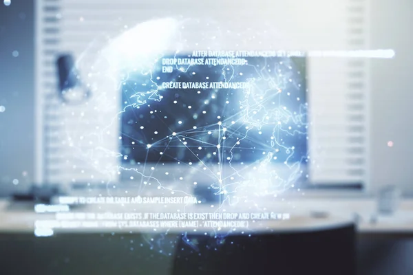 Multiexposure van abstract programmeertaal hologram met wereldkaart op computer achtergrond, kunstmatige intelligentie en neurale netwerken concept — Stockfoto