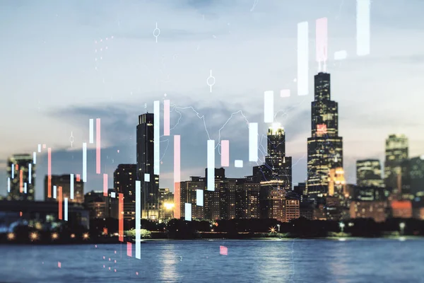 Multi expozice virtuálního abstraktního finančního diagramu na pozadí Chicagských kancelářských budov, bankovní a účetní koncepce — Stock fotografie