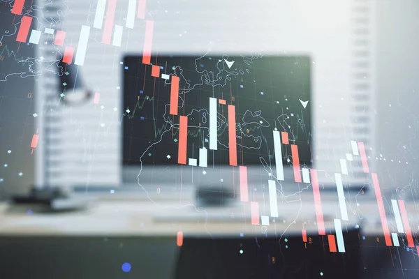 Creative abstract global crisis chart with world map sketch on modern laptop background, falling markets and collapse of global economy concept. Multiexposure — Stock Photo, Image