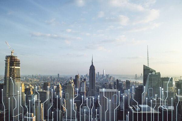 Abstract virtual microscheme illustration on New York city skyline background. Big data and database concept. Multiexposure