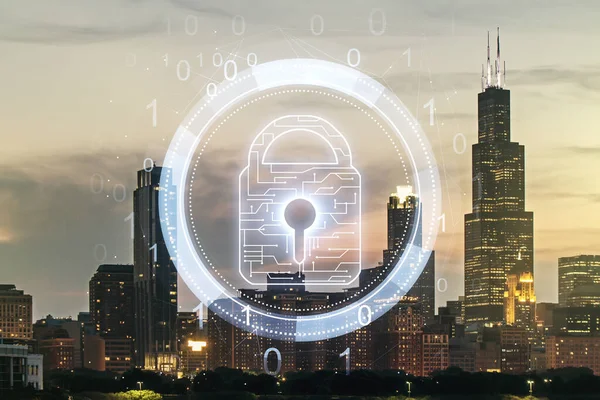 Virtuelles, kreatives Schloss-Symbol und Mikroschaltbild auf dem Hintergrund der Skyline von Chicago. Schutz- und Firewall-Konzept. Mehrfachexposition — Stockfoto