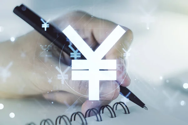 Double exposition de l'hologramme créatif de symbole de Yen japonais et de l'écriture de main d'homme dans le carnet sur le fond. Concept bancaire et d'investissement — Photo
