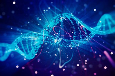 Soyut mavi arkaplanda parlayan DNA sembolü, yakın plan. 3B Hazırlama