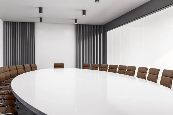 Sala de conferencias amueblada con mesa, sillas y pizarra blanca. Renderizado 3D — Foto de Stock