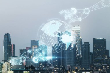 Soyut sanal robot teknolojisi çizimi, Los Angeles ofis binalarının geçmişi, gelecekteki teknoloji ve yapay zeka konsepti. Çift pozlama