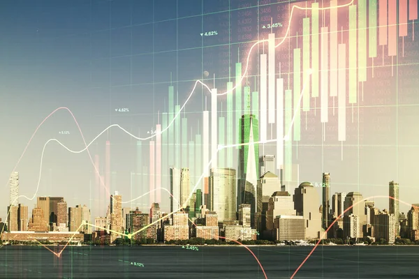 뉴욕 마천 루 배경에 있는 가상 창조적 인 금융 차트 홀로그램의 다중 노출, 연구 및 분석 개념 — 스톡 사진