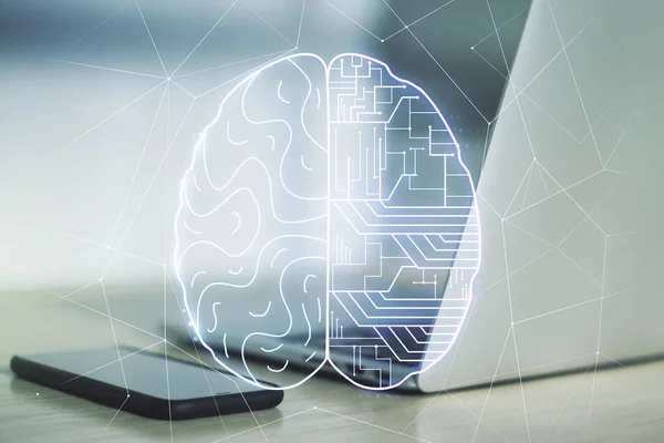 Kreatywna koncepcja sztucznej inteligencji z ludzkim hologramem mózgu na nowoczesnym tle laptopa. Wieloskładnikowa — Zdjęcie stockowe