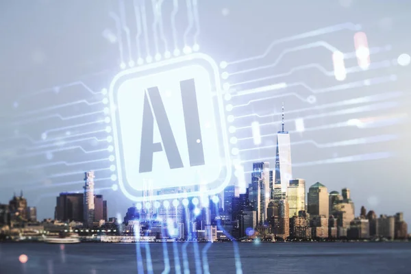 Double exposition de l'icône de l'intelligence artificielle créative sur fond de gratte-ciel de New York. Réseaux neuronaux et concept d'apprentissage automatique — Photo