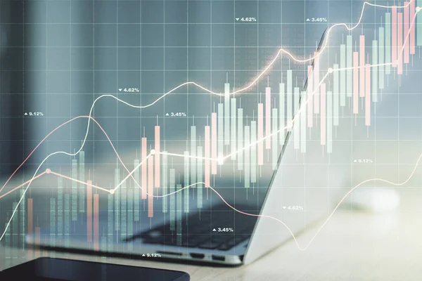 Doppelbelichtung des abstrakten kreativen Finanzdiagramms auf modernem Laptop-Hintergrund, Forschungs- und Strategiekonzept — Stockfoto