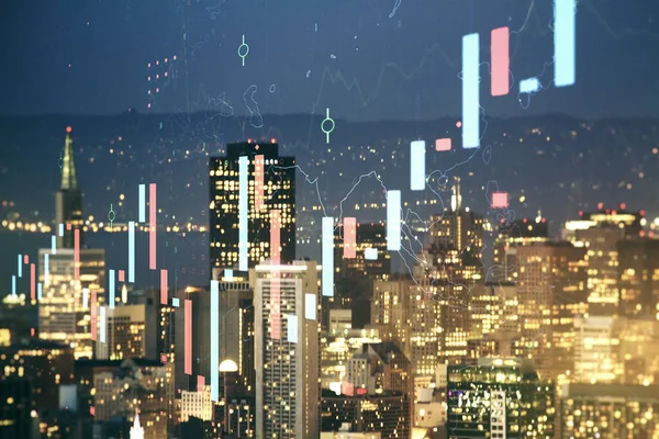 Abstraktní virtuální finanční graf hologram na pozadí panorama San Franciska, forex a investiční koncept. Multiexpozice — Stock fotografie