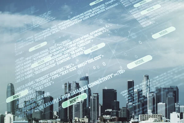 Los Angeles ofis binaları, yapay zeka ve makine öğrenme kavramı üzerinde soyut programlama dili hologramının çoklu pozlandırılması — Stok fotoğraf