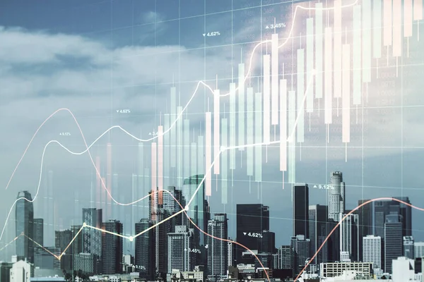 Multi esposizione di interfaccia grafico finanziario astratto virtuale su sfondo paesaggio urbano di Los Angeles, concetto finanziario e di trading — Foto Stock