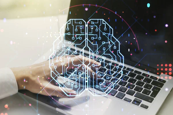 Double exposure of creative human brain microcircuit with hand typing on computer keyboard on background. Future technology and AI concept — Stock Photo, Image