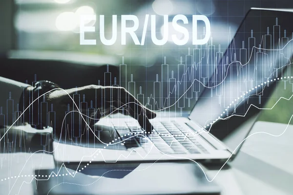 Creative concept of EURO USD financial chart illustration and hands typing on laptop on background. Trading and currency concept. Multiexposure — Stock Photo, Image