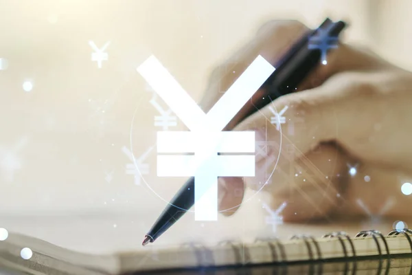 Doppelbelichtung von kreativem japanischen Yen-Symbol-Hologramm und weiblicher Handschrift in Notizbuch auf Hintergrund. Banken- und Investitionskonzept — Stockfoto