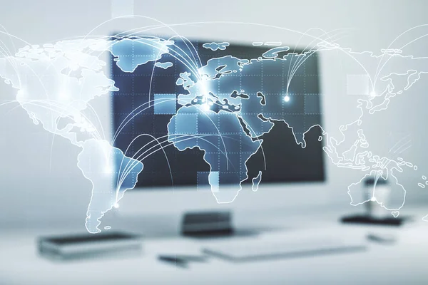 Abstracte grafische digitale wereldkaart met verbindingen op moderne computerachtergrond, globaliseringsconcept. Meervoudige blootstelling — Stockfoto