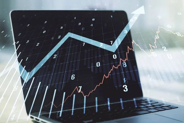 Abstract creative financial graph with upward arrow on modern computer background, financial and trading concept. Multiexposure