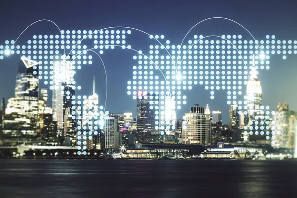 Αφηρημένος εικονικός παγκόσμιος χάρτης με συνδέσεις στο υπόβαθρο ορίζοντα της πόλης της Νέας Υόρκης, έννοια του διεθνούς εμπορίου. Πολλαπλών ανοιγμάτων — Φωτογραφία Αρχείου